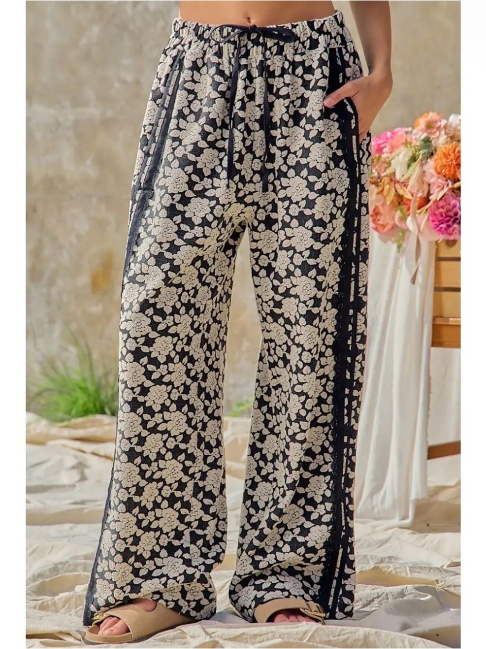 Black jacquard floral lace trim boho wide leg western contrast bohemian pants